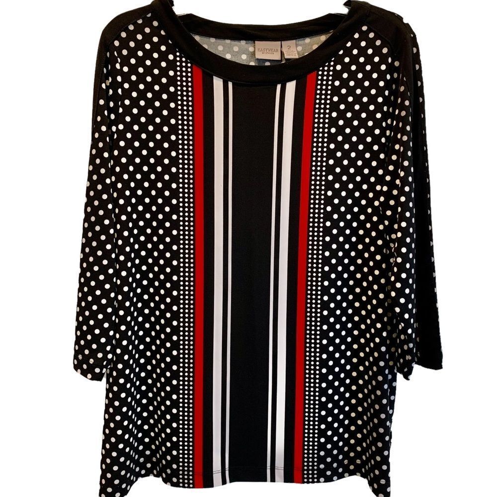 Easywear by Chicos Black & Red Abstract Tunic Top L